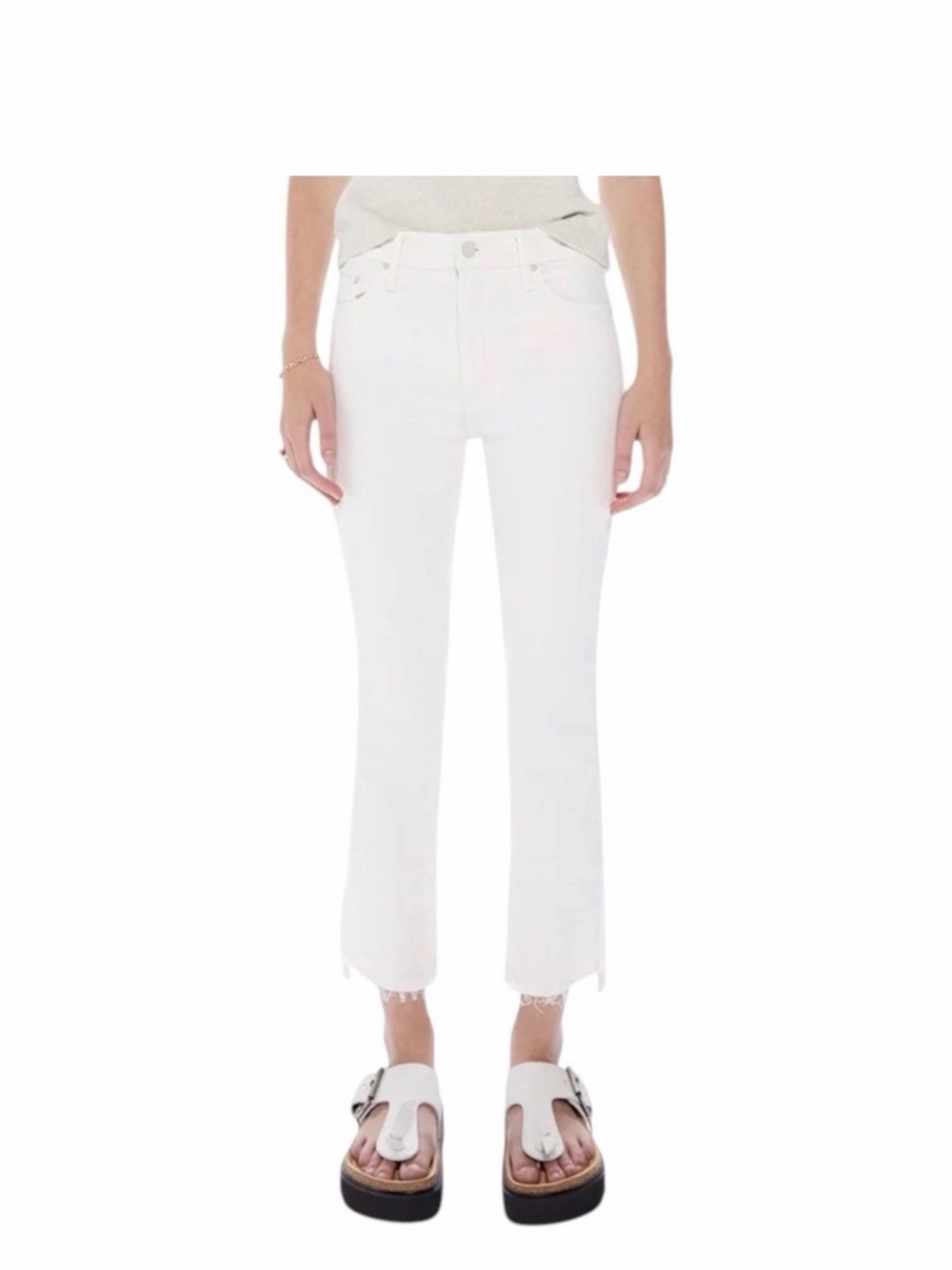 MOTHER The Insider Crop Step Fray hi rise stretch straight leg white jeans sz 24